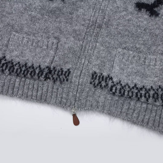 Damen Reißverschluss-Cardigan mit Schalkragen und Intarsienmuster Nord Taschen