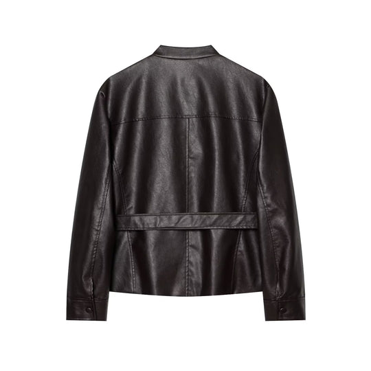 Damen Taillierter Kunstleder‑Blousonjacke mit Bindegürtel, Pattentaschen und Stehkragen Nord Taschen