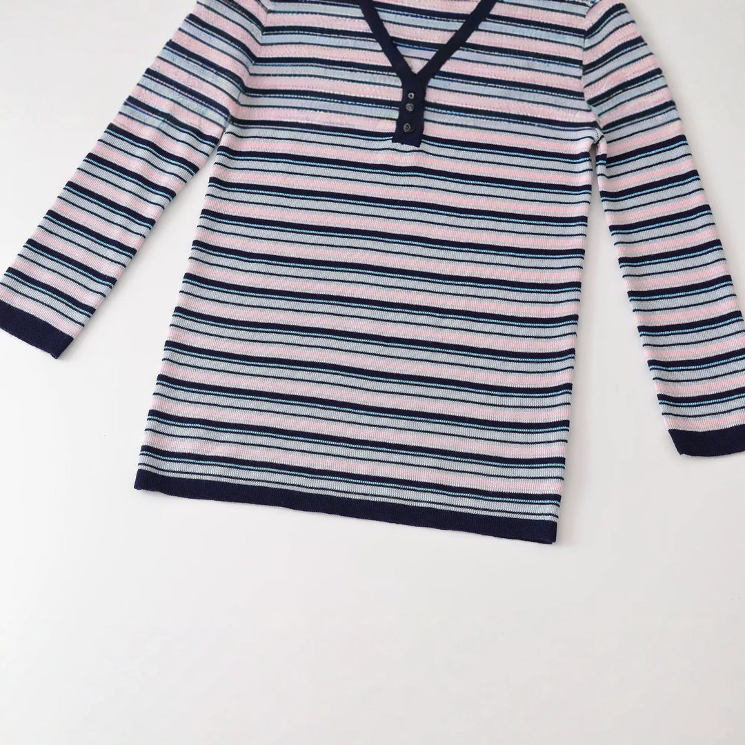 Damen Feinstrick-Henleyshirt mit feiner Streifenstruktur und Knopfblende Nord Taschen