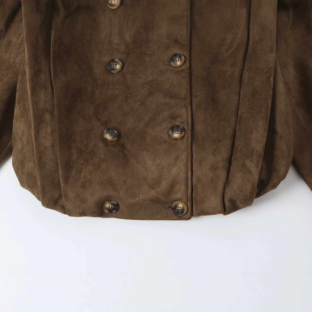 Damen Kurze Doppelreihige Velourslederjacke mit Stehkragen und Epauletten Nord Taschen