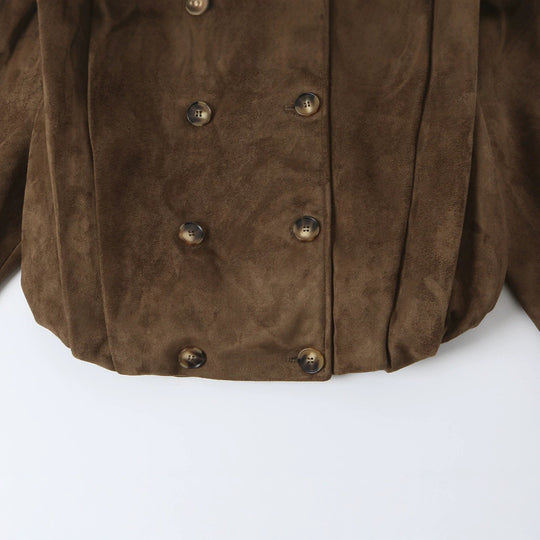 Damen Kurze Doppelreihige Velourslederjacke mit Stehkragen und Epauletten Nord Taschen