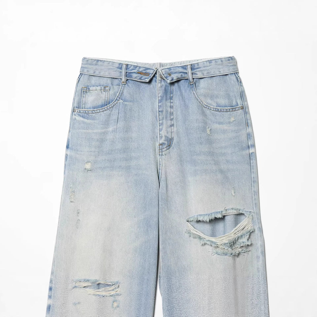 Damen High‑Waist Jeans mit weitem Bein, Destroyed‑Details und ausgefransten Knien Nord Taschen