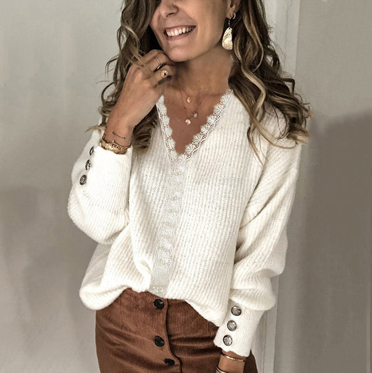 Damen Feinstrick-Pullover mit V-Ausschnitt, Spitzenbesatz und Zierknopfmanschetten Nord Taschen