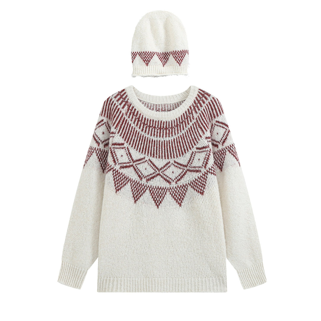 Damen Oversize Norweger‑Strickpullover mit Rundhalsausschnitt und passender Strickmütze Nord Taschen