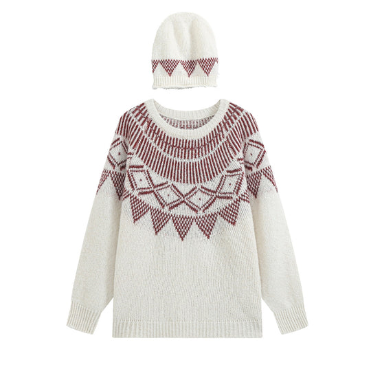 Damen Oversize Norweger‑Strickpullover mit Rundhalsausschnitt und passender Strickmütze Nord Taschen