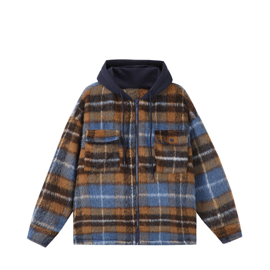 Unisex Kurz geschnittener kariertes Fellimitat-Blouson mit Kapuze und Reißverschluss Nord Taschen