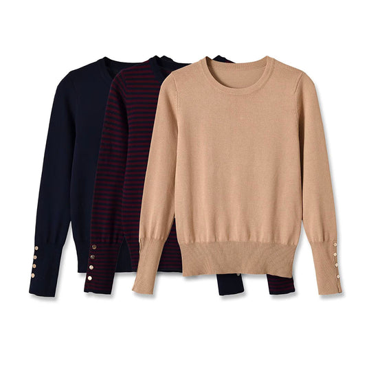 Damen Feinstrick-Pullover mit Streifenmuster, Rundhalsausschnitt und Zierknopfbesatz Nord Taschen