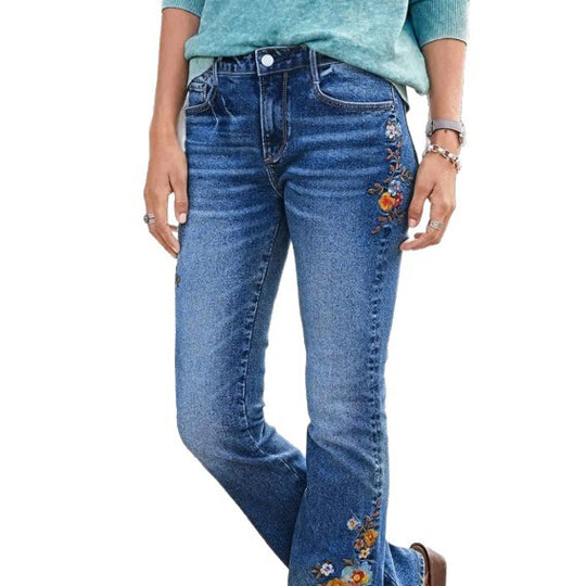 Damen bestickte Bootcut-Jeans mit hoher Taille und leichtem Stretch Nord Taschen
