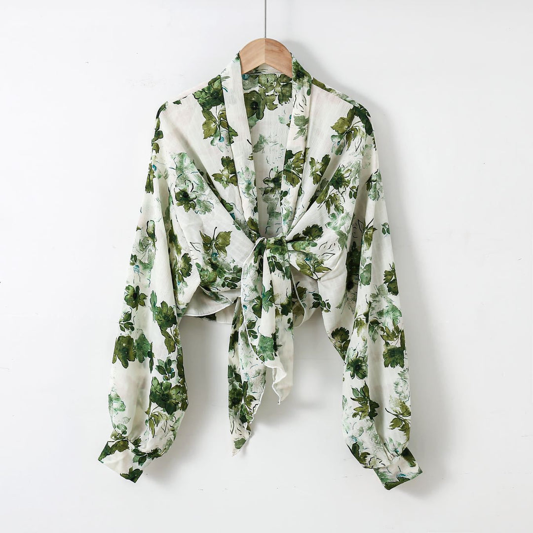 Damen nan florale Knoten-Bluse im Wickelstil mit Ballonärmeln und leichter Leinenoptik