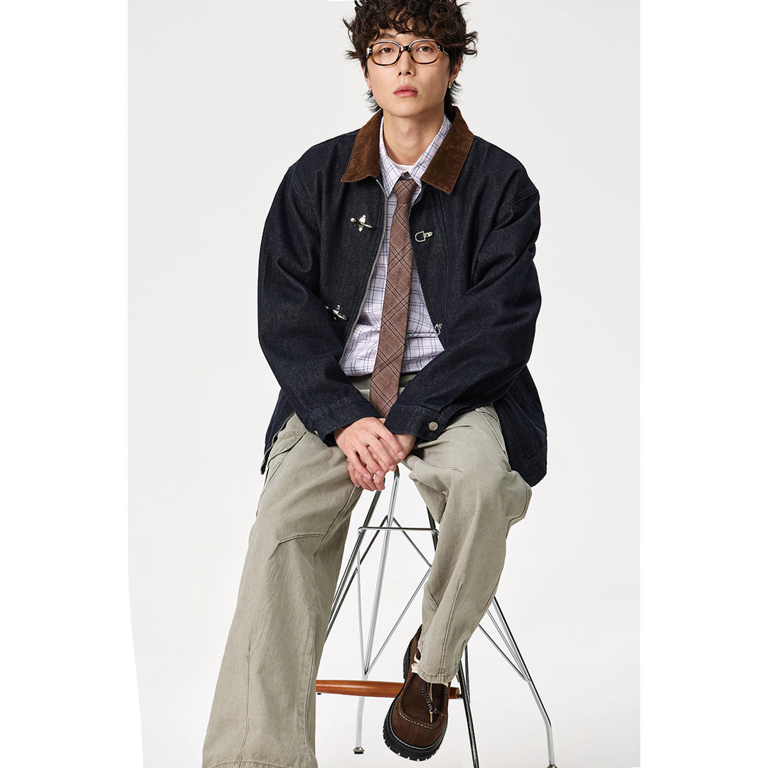 Herren Kastig geschnittener Denim‑Workwear‑Blouson mit Cord‑Umlegekragen und metallischen Hakenverschlüssen Nord Taschen