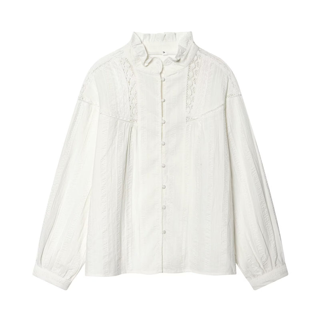 Damen Lockeres Vintage-Bluse mit Stehkragen, Spitzeinsätzen und Ballonärmeln Nord Taschen