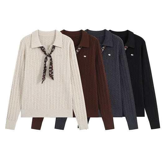 Damen Strickpullover mit Troyer‑Kragen und Zierkrawatte Nord Taschen