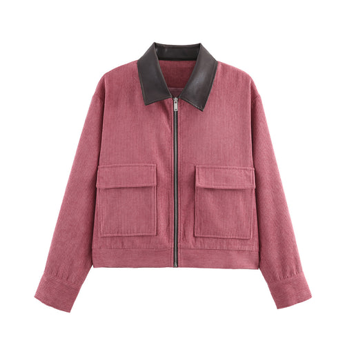 Damen Kurze Cordjacke mit Reißverschluss, großen Pattentaschen und Kunstlederkragen Nord Taschen
