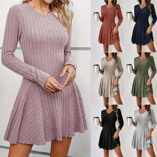 Damen Geripptes V-Ausschnitt-Minikleid mit ausgestelltem Rock und Eingrifftaschen Nord Taschen