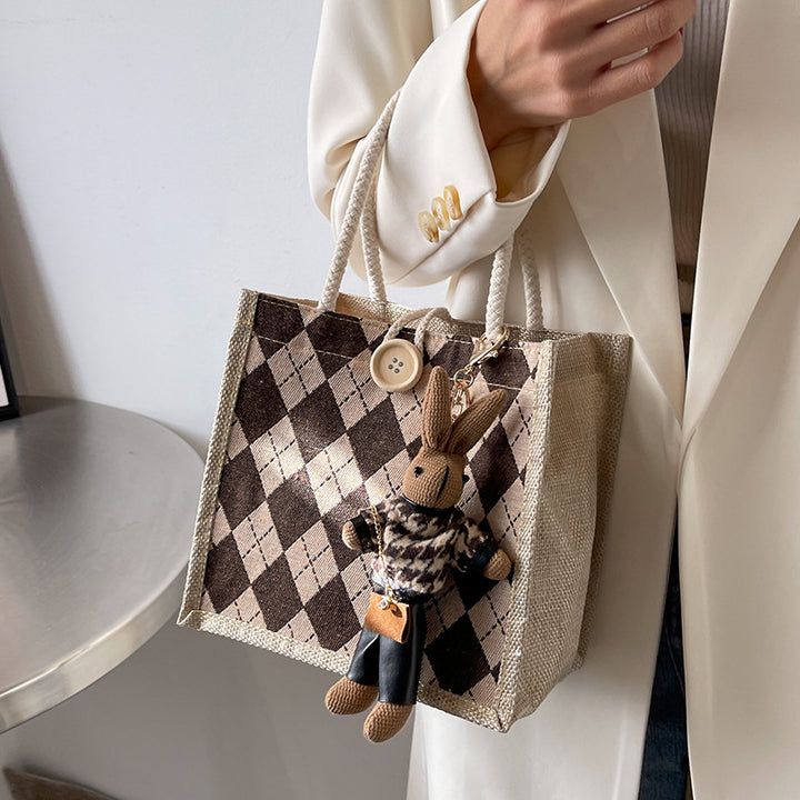 Damen Jute-Umhängetasche mit stilvollem Rautenmuster Nord Taschen