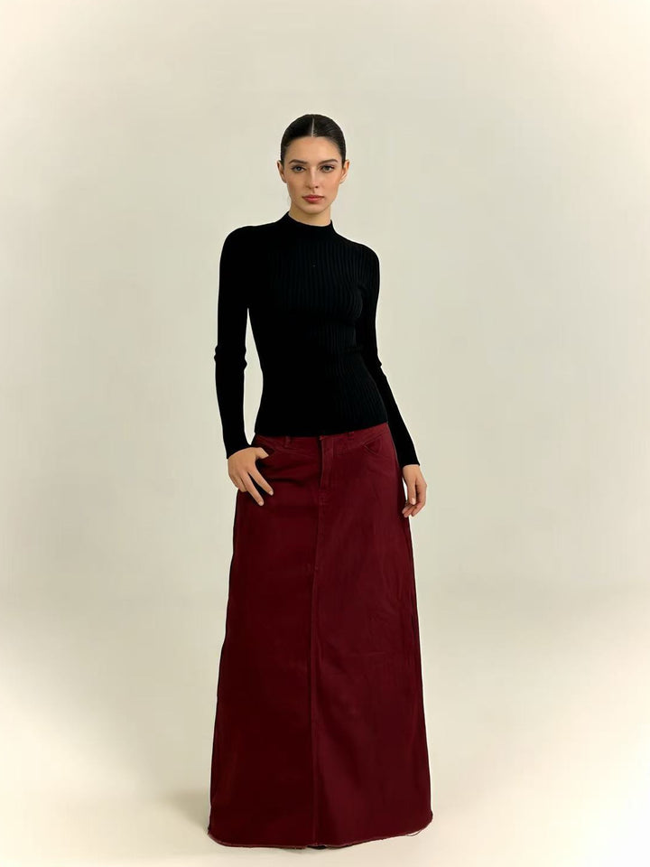 Damen langer High-Waist Denim-Maxirock mit gerader Silhouette und rohem Saum Nord Taschen