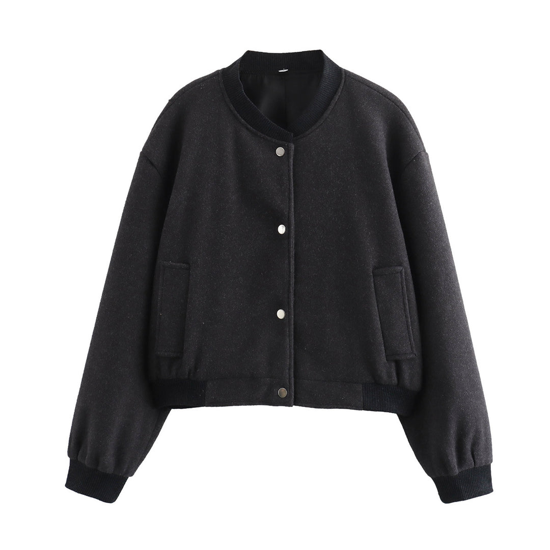 Damen Kurze Oversize-Collegejacke im Wollmix mit Druckknopfverschluss, Eingrifftaschen und Rippenbündchen Nord Taschen
