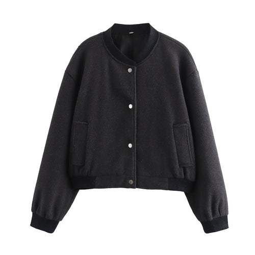 Damen Kurze Oversize-Collegejacke im Wollmix mit Druckknopfverschluss, Eingrifftaschen und Rippenbündchen Nord Taschen