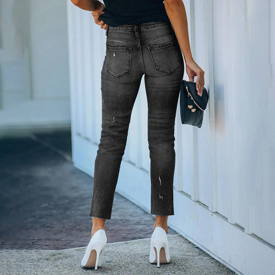 Damen Figurbetonte Hochtaillierte Knöchellange Jeans mit leicht ausgefranstem Saum Nord Taschen