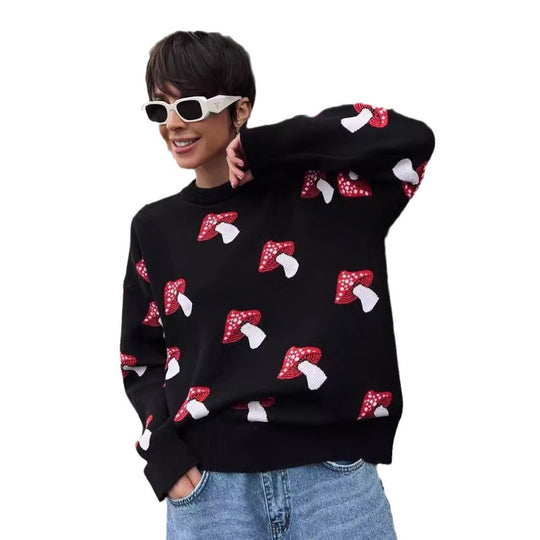 Damen weiter Strickpullover mit Pilzmotiv Rundhals Rippbündchen Nord Taschen