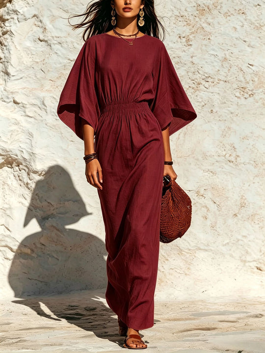 Damen Maxikleid mit Fledermausärmeln und geraffter Smock-Taillierung Nord Taschen