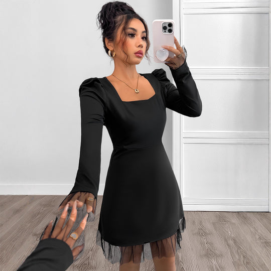 Damen Elegantes Kleid mit Puffärmeln und transparentem Saum Nord Taschen