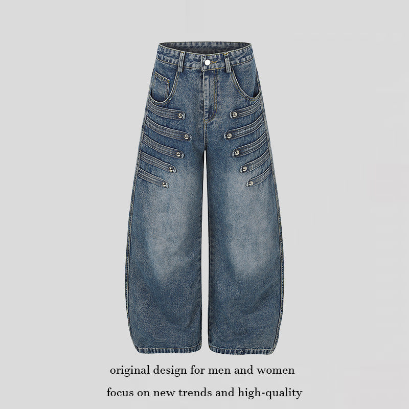 Damen Weite Denim-Palazzo-Jeans mit dekorischen Riegelnähten und Zierknopf-Details Nord Taschen
