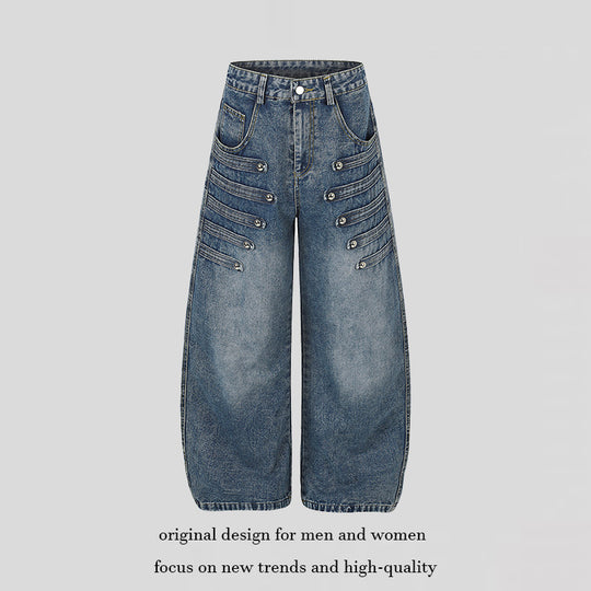 Damen Weite Denim-Palazzo-Jeans mit dekorischen Riegelnähten und Zierknopf-Details Nord Taschen