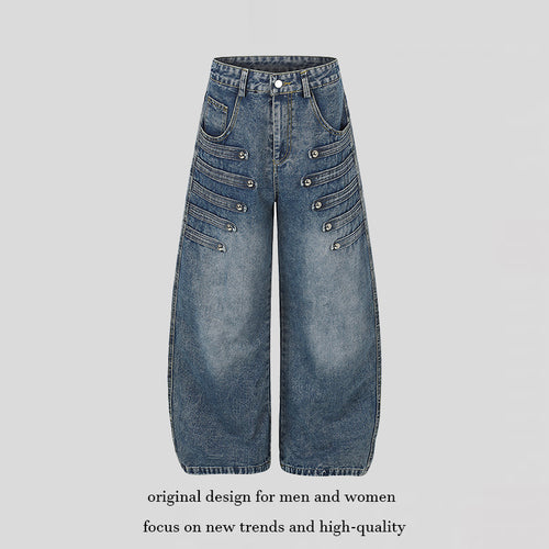 Damen Weite Denim-Palazzo-Jeans mit dekorischen Riegelnähten und Zierknopf-Details Nord Taschen