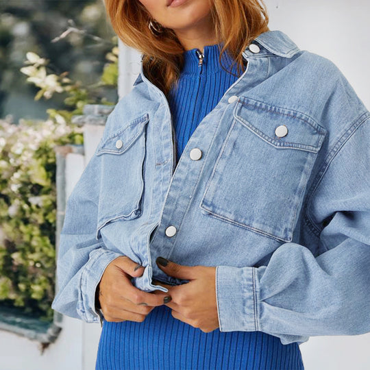 Damen Cropped Oversize-Denimjacke mit Druckknopf-Front und aufgesetzten Brusttaschen Nord Taschen