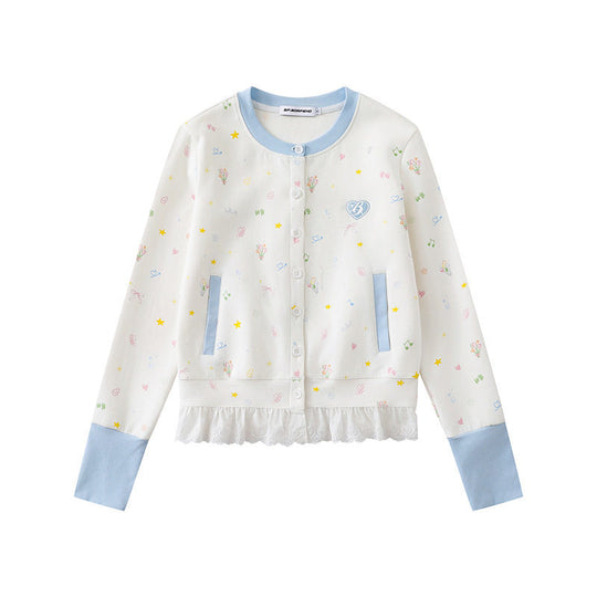 Damen Knopfleisten-Cardigan mit Spitzenvolant, pastelligem Allover-Print und Kontrastbündchen Nord Taschen