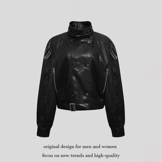 Damen kurze doppeltknöpfte Lederjacke mit Stehkragen und Taillengürtel Nord Taschen