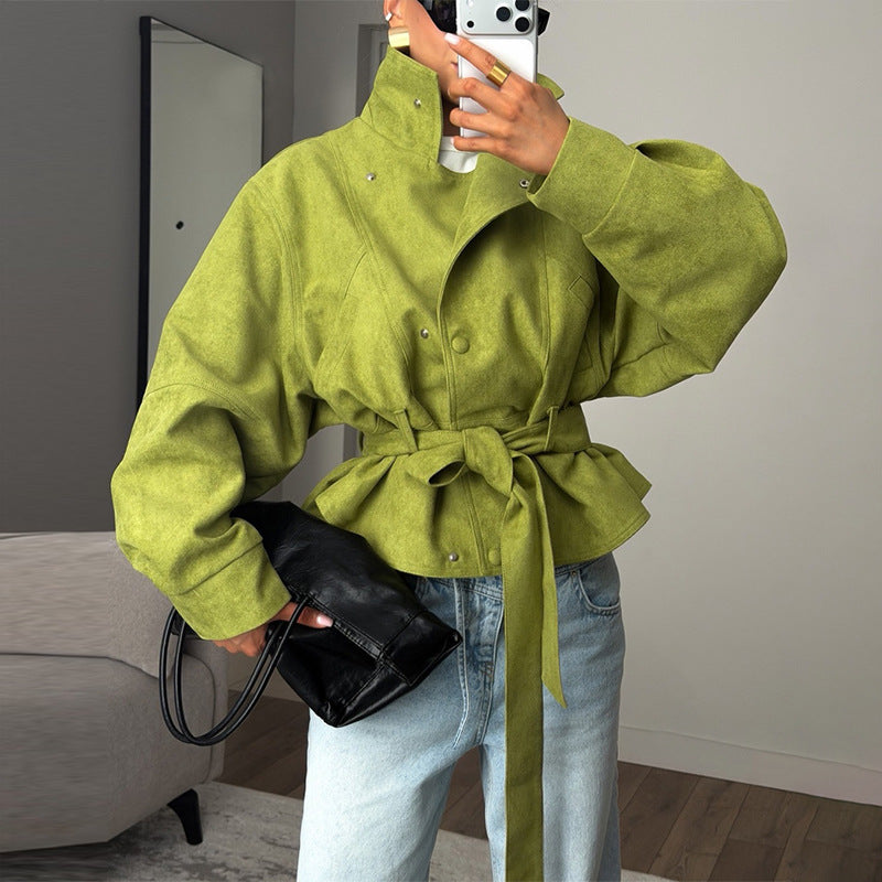 Damen Taillierte Kurzjacke in Velourslederoptik mit weitem Ärmel und Bindegürtel Nord Taschen