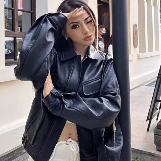 Damen Kurz geschnittene Kunstlederjacke im Boxy Cut mit voluminösen Ballonärmeln Nord Taschen