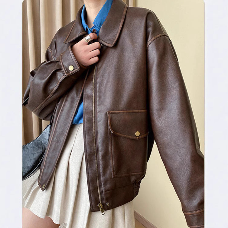Damen Oversized-Kunstlederblouson mit Hemdkragen, aufgesetzten Pattentaschen und verdeckter Reißverschlussleiste Nord Taschen