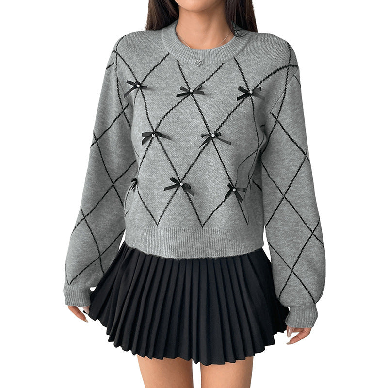Damen Kurzer Argyle-Strickpullover mit Zier‑Schleifen und geripptem Saum Nord Taschen