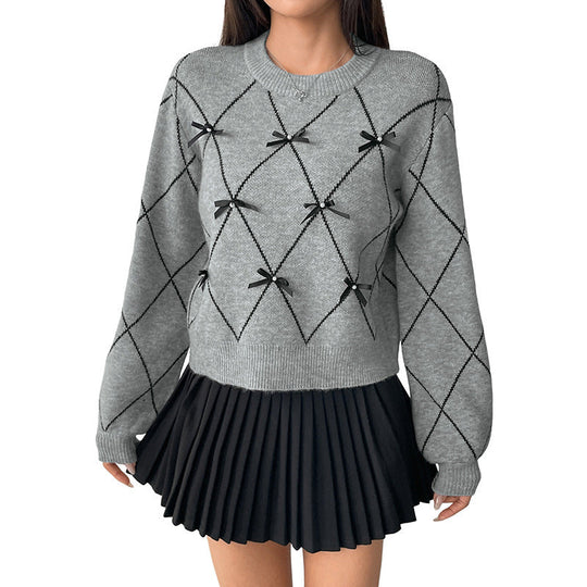 Damen Kurzer Argyle-Strickpullover mit Zier‑Schleifen und geripptem Saum Nord Taschen