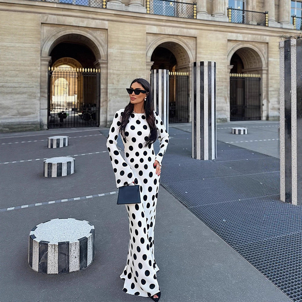 Damen Figurbetontes Polka-Dot Maxikleid mit Trompetenärmeln & Rundhalsausschnitt Nord Taschen