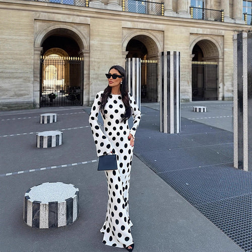 Damen Figurbetontes Polka-Dot Maxikleid mit Trompetenärmeln & Rundhalsausschnitt Nord Taschen