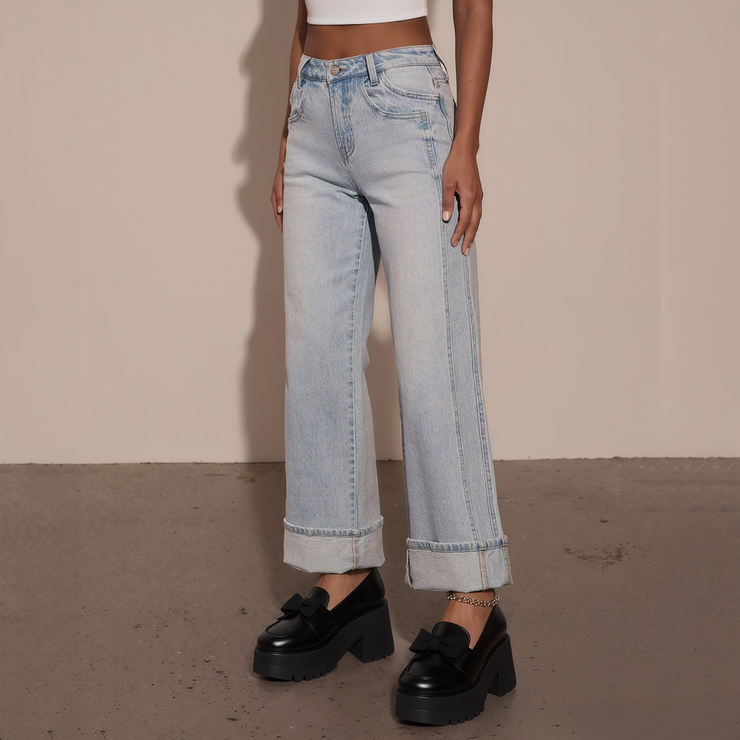 Damen Hochtaillierte weite Jeans mit extra breitem Umschlag Nord Taschen