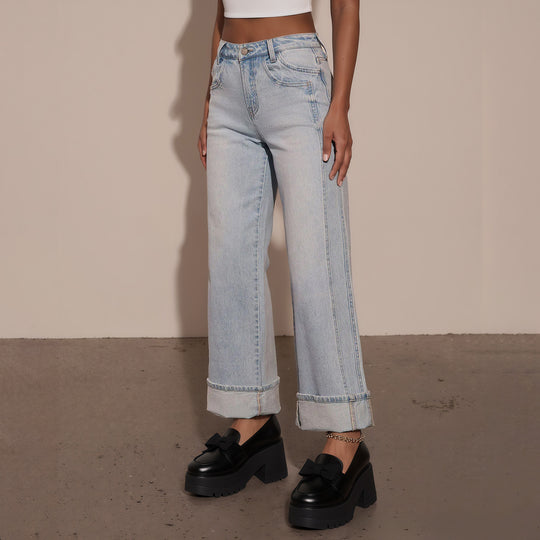 Damen Hochtaillierte weite Jeans mit extra breitem Umschlag Nord Taschen