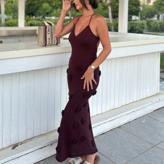 Damen Elegantes gehäkeltes Maxikleid mit floralen Applikationen Nord Taschen