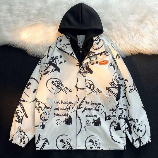 Herren mehrlagige Übergangsjacke mit Kapuzen-Innenlayer und Smiley-Graffiti-Print Nord Taschen