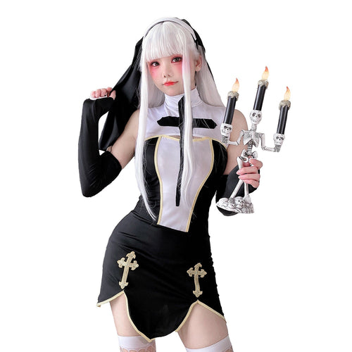 Damen Gothic Minikleid mit Spitzenärmeln und Kreuzdetails Nord Taschen