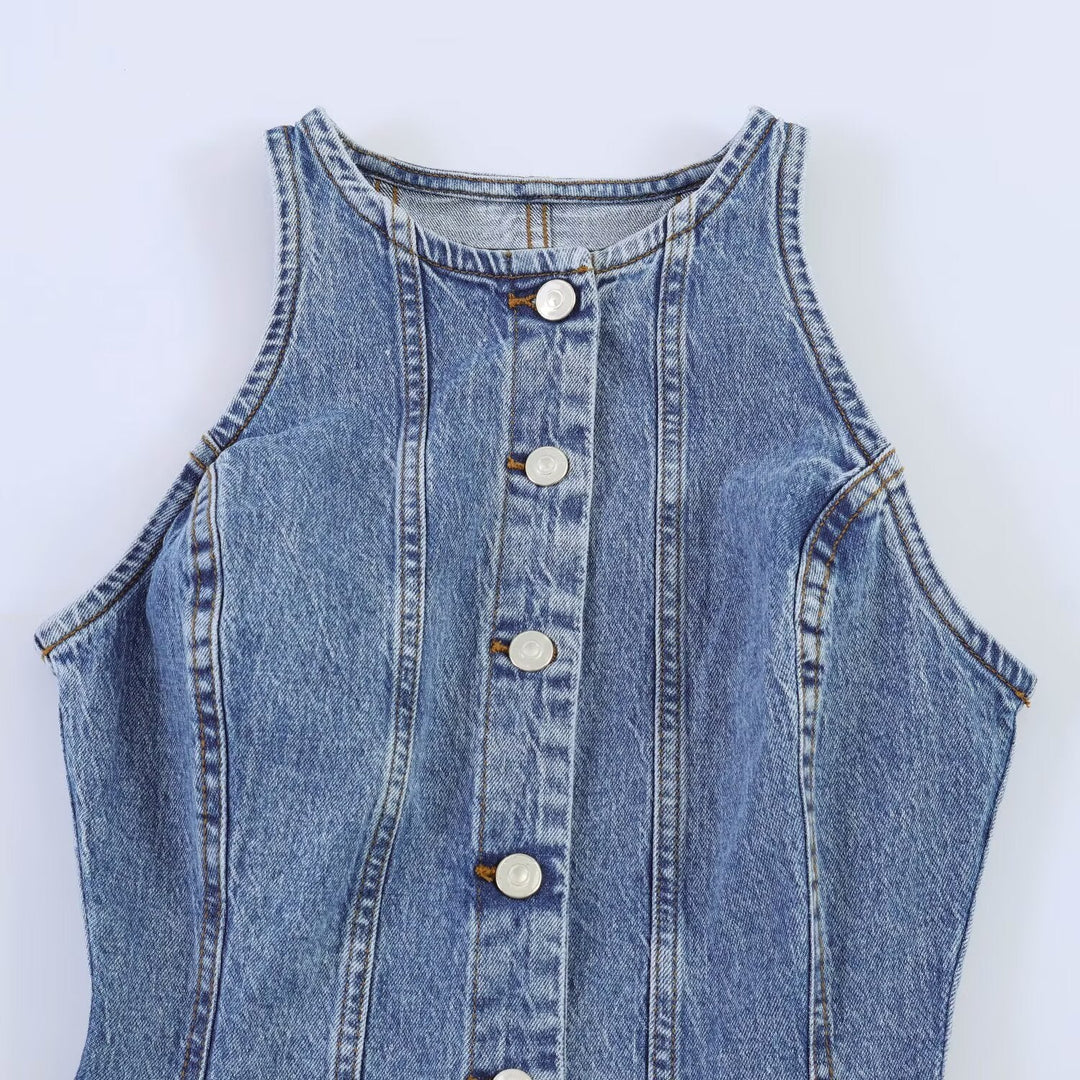 Damen Jeanskleid mit geflochtenem Knoten und durchgehender Knopfleiste