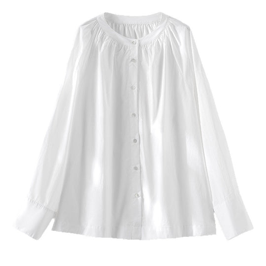 Damen Bluse mit Rundhalsausschnitt, durchgehender Knopfleiste und geraffter Passe Nord Taschen