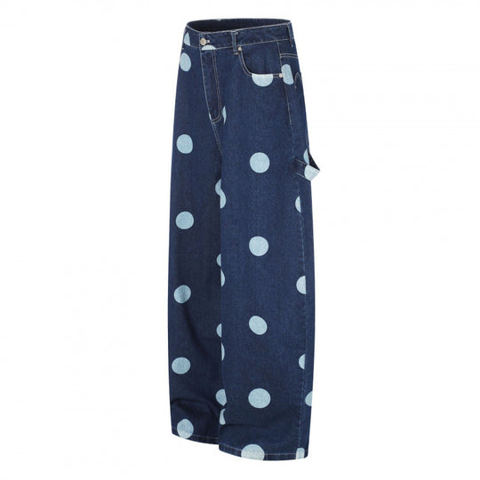 Damen Weite Cropped-Jeans mit hoher Taille, Polka‑Dot‑Print und Carpenter‑Details Nord Taschen