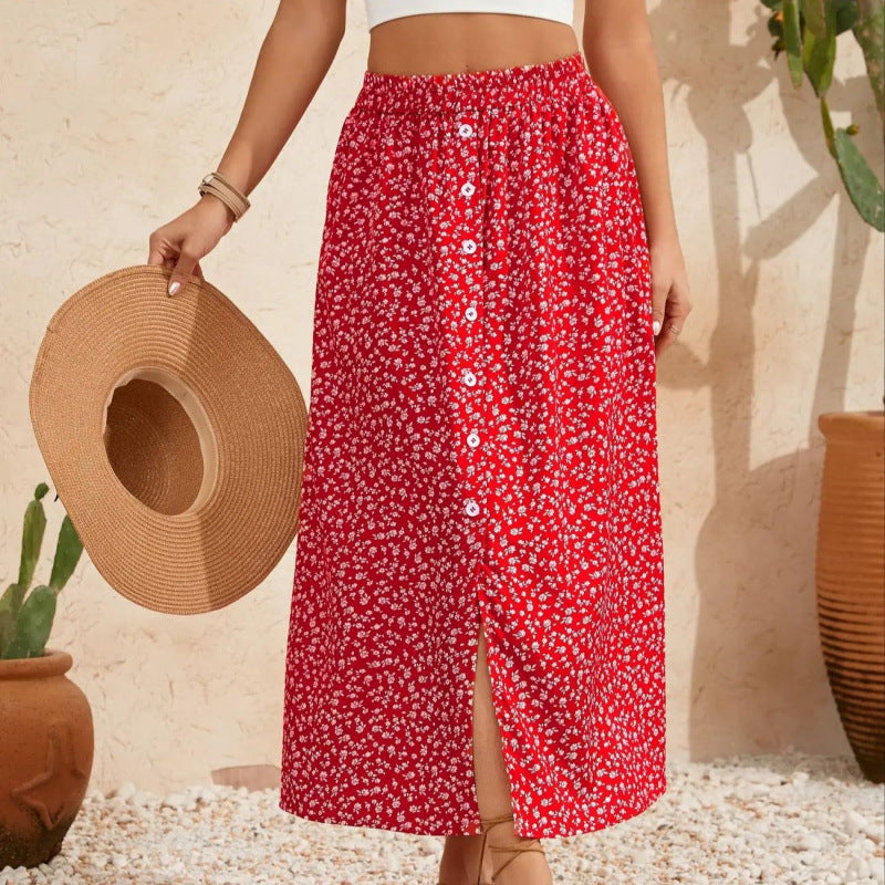 Damen Maxirock mit floralem Design und Knopfdetails