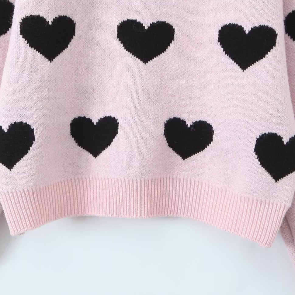 Damen Herz-Intarsien-Pullover mit Rundhalsausschnitt und legerer Passform Nord Taschen