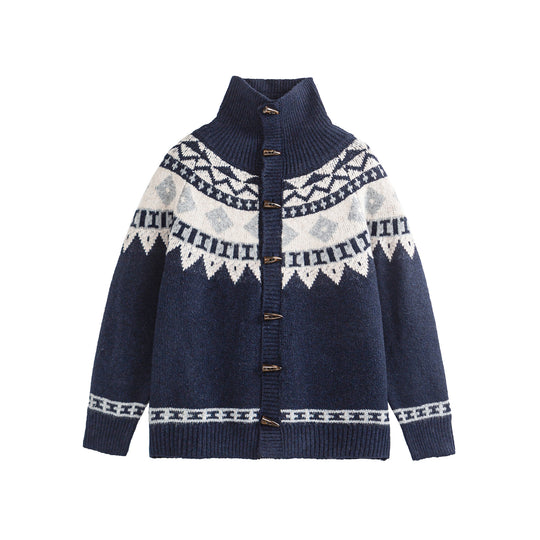 Damen Norwegermuster Strickcardigan mit hohem Stehkragen und Knebelverschlüssen Nord Taschen